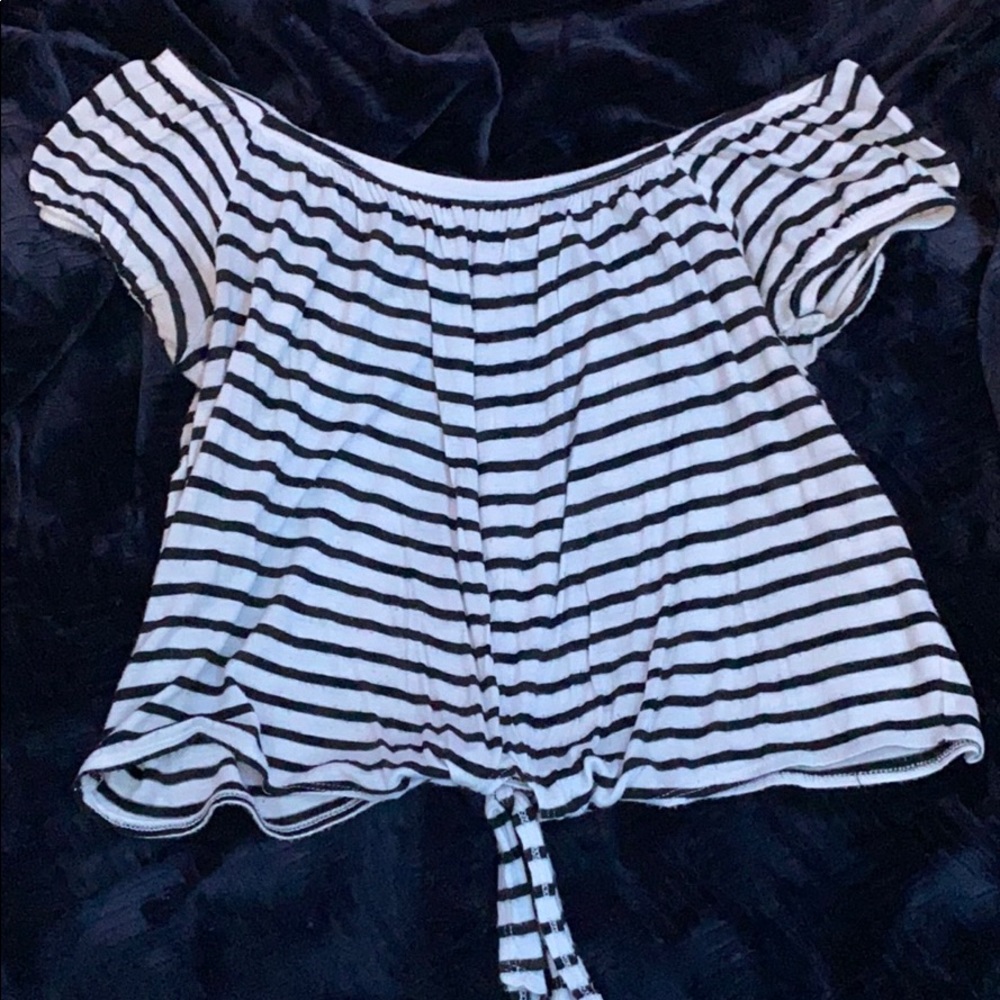 black and white striped off the shoulder top